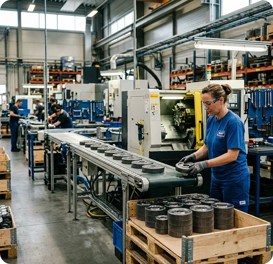 Máquina industrial realizando o acabamento de uma peça metálica